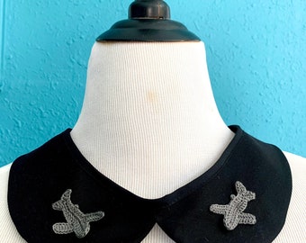 Retro Airplane, Cottagecore, Black Cotton Peter Pan Collar, Embroidered Appliqué, Detachable, Removable Collar