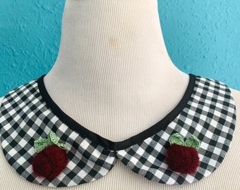 Retro Gingham, Cottagecore, Collar Peter Pan a damas, Aplique floral bordado, Desmontable, Collar extraíble