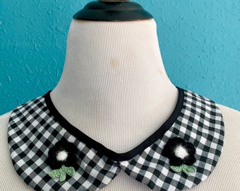 Retro Gingham, Cottagecore, Collar Peter Pan a damas, Aplique floral bordado, Desmontable, Collar extraíble