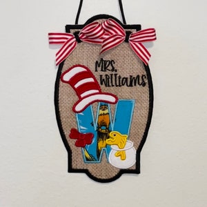 Custom Dr. Seuss Inspired Burlap Classroom Door Sign | Embroidered | Personalized with name | Small Hanging Wall Sign