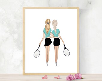 Girlfriend Golf or Tennis Friendship Illustration Print, Tennis Girlfriend Illustration,  golf pals wall art, tennis pals wall art gift