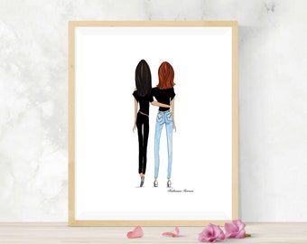 May include: A framed illustration of two women standing back to back, one with long black hair and the other with long red hair. They are wearing black shirts and jeans. The text "Bahamas Forever" is at the bottom of the image.