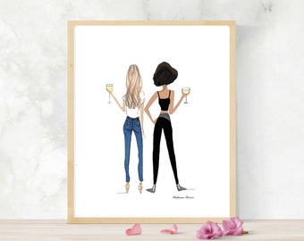 May include: A framed art print featuring two stylized figures holding wine glasses. One figure wears a white top and blue jeans, the other a black top and pants. The artwork is set against a white background.