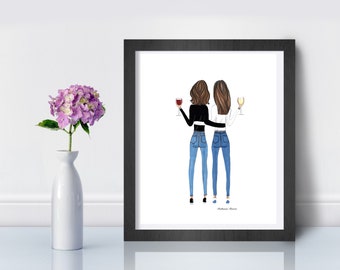 Two Brunette Friends Drawing by Roxy's Illustrations, Friendship Gift for Her, Co-Worker Gift, Personalized Bff Drawing, Minimalist Women