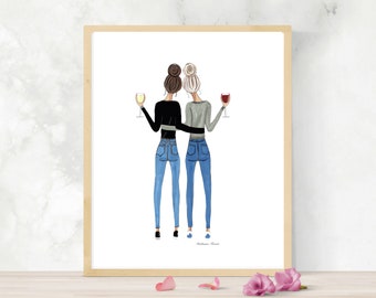 Best friends with wine arm in arm, best friend drawing, best friend birthday, gift for friend, 21st birthday roommate gift, friendship gift