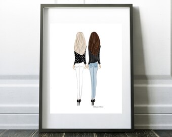 May include: Framed art print featuring an illustration of two women from the back. One wears a black polka dot top and white pants, the other a striped top and blue jeans. Both wear black heels. The artwork is in a black frame.