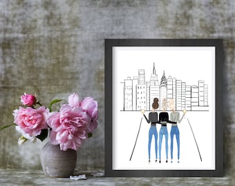 3 Friends in New York Drawing, 8x10 or 11x14 inches, NYC friends gift, NYC memories