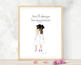 Two best friends graduation illustration, grad gift for friend, sorority gift, class of 2022, daughter grad gift