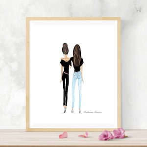 Puede incluir: Una ilustraci&oacute;n de acuarela de dos mujeres de pie espalda con espalda, vistiendo camisas negras y jeans. La mujer de la izquierda tiene el pelo recogido en un mo&ntilde;o, mientras que la mujer de la derecha tiene el pelo largo y suelto. La ilustraci&oacute;n est&aacute; firmada "Ruthanne Ferrero".