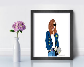 Couture Redhead Fashionista Wall Art by Roxy's Illustrations, Gift for Redhead, Fashion Sketch, Fashion Lover Present, Paris Vanity Art Gift