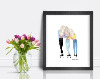The Hug: Three Blonde Best Friends Digital Download by Roxy's Illustrations, Friends Wall Art, Women Drawing, Digital Roommate Art