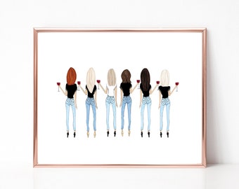 May include: A framed print featuring seven women, each holding a glass of red wine. They are depicted from the back, wearing black or white tops, blue jeans, and heels. The artwork has a minimalist style with a rose gold frame.