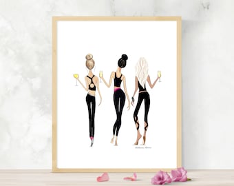 May include: A framed print featuring three stylized figures in black athletic wear, each holding a glass of champagne. The figures have different hairstyles and skin tones. The artwork is set against a white background.