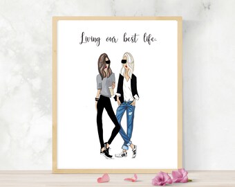 Two Cool Best Friends Wall Art, blonde and brunette in shades, best friend 30th gift, 40th birthday, teen friendship drawing, teen wall art