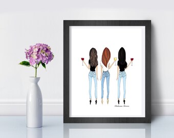 May include: A framed print featuring an illustration of three women from the back, each holding a wine glass. They wear jeans, heels, and tops in black and white. A vase with purple flowers sits to the left.