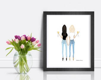 Blonde and Brunette Friends With Chardonnay Fashion Print by Roxy's Illustrations, Best Friend Birthday Gift, Friendship Present for her