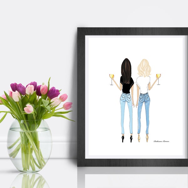 May include: A framed illustration of two women in jeans and t-shirts, standing back-to-back, each holding a glass of white wine. The text "bohemian rhapsody" is in the bottom right corner of the illustration.