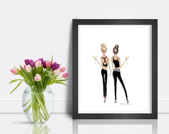 Friends Working Out With Wine Fashion Illustration by Roxy's Illustrations, yoga art, yoga studio, yoga gift, change hair, ballet friends