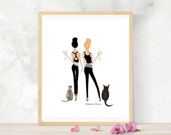 Yoga Print: Personalized Yoga Friends With Wine and Cats Fashion Illustration Print by Roxy's Illustrations, personalized gifts for her