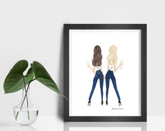 Archivo digital Rubia y morena en tacones con champán Amistad estampado por Roxy's Illustrations, Champagne Art, rubia y morena