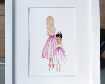Blonde Mother and child art, gift for mom, mommy and me, mother daughter drawing, child's room art, nursery decor, mother's day gift
