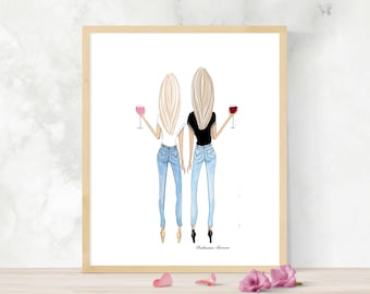 May include: A framed art print featuring two figures with blonde hair, wearing jeans and holding wine glasses. One figure wears a white top, the other a black top. The artwork is a watercolor illustration with a light wood frame.