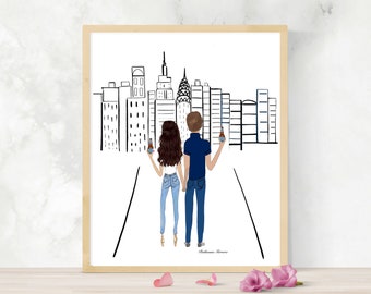 Couple in New York Illustration, Valentine to New York Man and woman in NY drawing, farewell nyc gift, platonic nyc friendship drawing