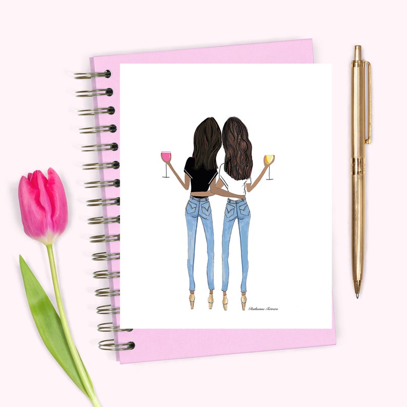 Two brunette friends medium skin tones with wine hugging, gift for best friend, best friend gift, sister gift, best friend birthday roommate image 6