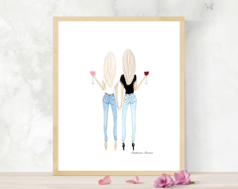 Digitaler Download Zwei blonde Freunde Mit Wein Zeichnung von Roxys Illustrationen, blondes Wandbild, Mitbewohner Wandkunst, Geschenk für Schwester