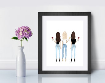 May include: Three women in jeans and t-shirts stand back-to-back, each holding a glass of wine. The woman in the middle is wearing a white t-shirt, while the women on either side are wearing black t-shirts. The woman on the left is holding a glass of red wine, the woman in the middle is holding a glass of white wine, and the woman on the right is holding a glass of red wine.