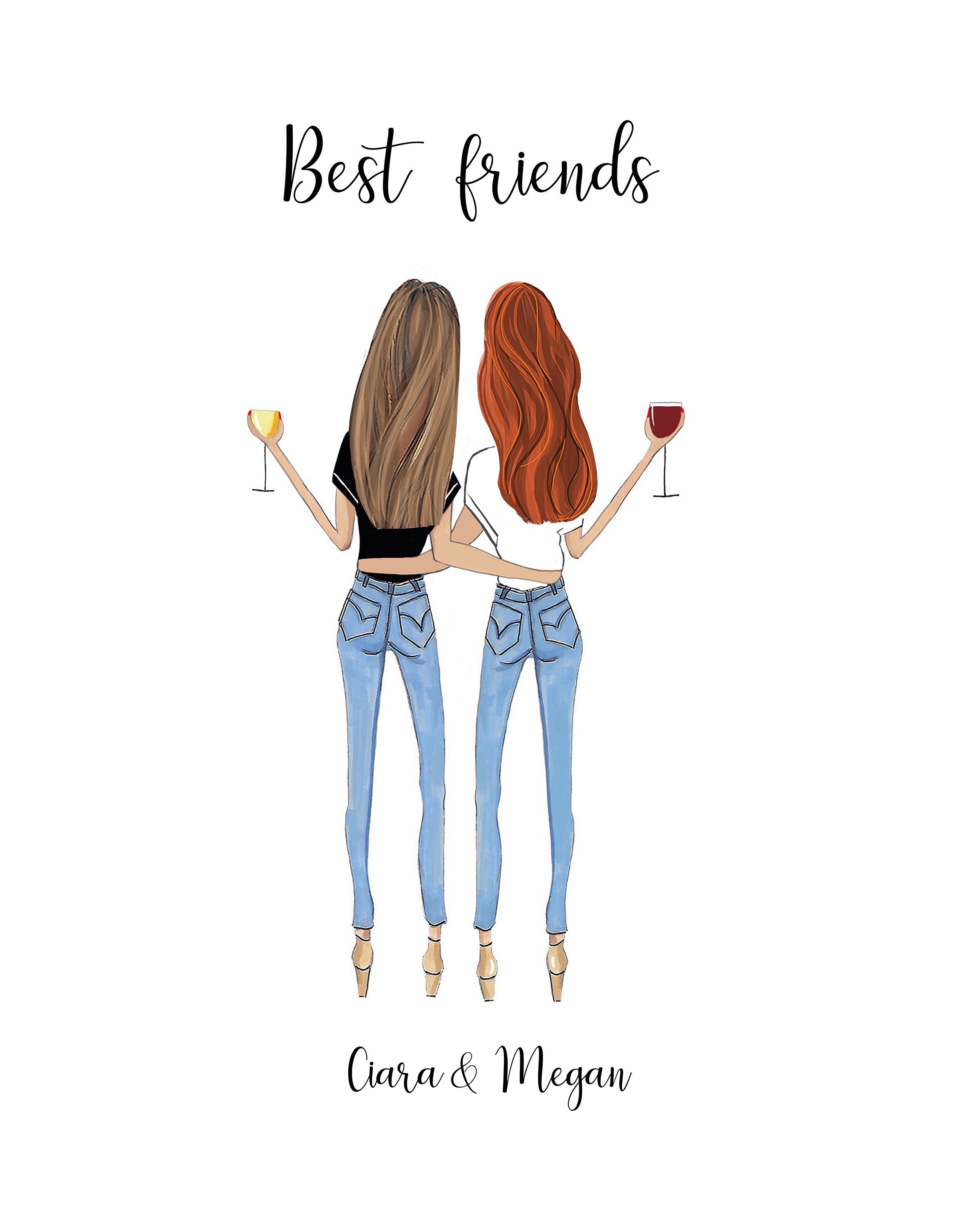 Fully customizable best friends drawing bff art gift for | Etsy