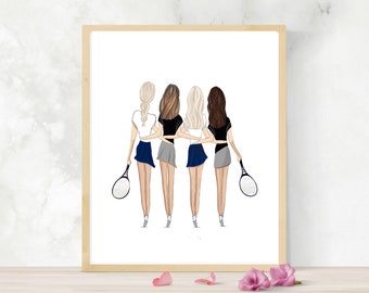 Tennis Friends Drawing by Roxy's Illustrations, Personalized Tennis Friendship Drawing, Tennis Club Wall Decor, Customized Tennis Team Gift