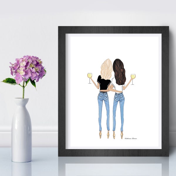 Digital Download Two Friends Hugging With Wine Drawing by Roxy's Illustrations, blonde and brunette best friends wall art, gift for woman