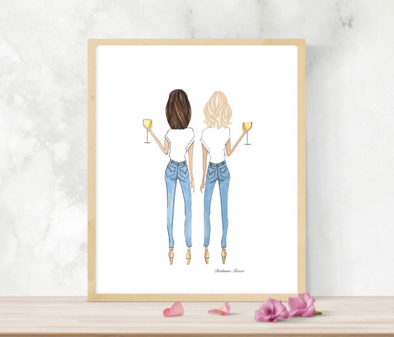 Brunette And Blonde With Wine With Short Hair 001 Sister Gift Best Friend Birthday Gift Goodbye Friend Gift Mother S Day Gift