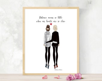 Friendship Fashion Illustration by Roxy's Illustrations, Distances Means So Little. Blonde and Brunette with Updos, Farewell Friend