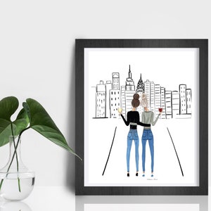 May include: A black and white illustration of two friends standing in front of a city skyline. They are holding glasses of wine and are looking out at the city. The text "Manhattan Dream" is at the bottom of the image.