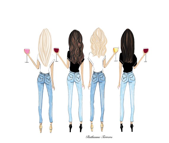 Two Blondes And Two Brunettes Drawing Four Best Friends Drawing Gift For Best Friends Sorority Gift Roommate Gift Friends With Wine