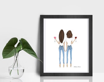 Two brunettes with wine fashion illustration by Roxy's Illustrations, gift for best friend, best friend gift, unique Friend Gift