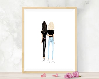 Sofort druckbare blonde und brünette beste Freunde umarmen, digitaler Download der besten Freundin Zeichnung, Mitbewohner Zeichnung, du bist meine Person
