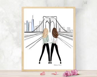 Brooklyn Bridge Friends With Personalized Hair Color By Roxy's Illustrations, Best Friend Gift, Best Friend Birthday, New York Friend Gift