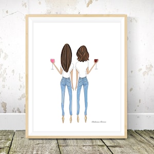 DIGITALER DOWNLOAD 2 Brunettes Besties With Wine (Instant Printable Fashion Illustration Print), beste Freundin Geburtstag, süßes BFF Geschenk