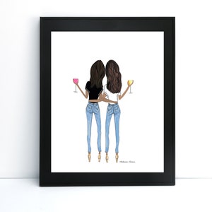 Two brunette friends medium skin tones with wine hugging, gift for best friend, best friend gift, sister gift, best friend birthday roommate image 4