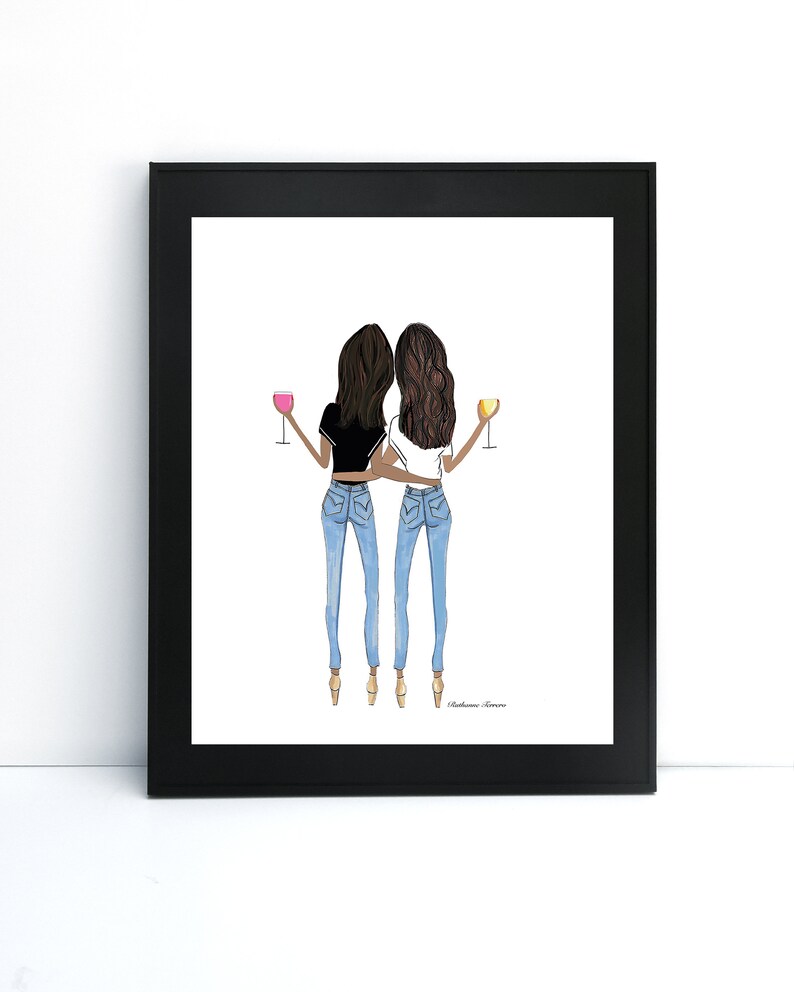 Two brunette friends medium skin tones with wine hugging, gift for best friend, best friend gift, sister gift, best friend birthday roommate image 4