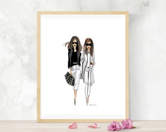 May include: Two women in stylish outfits walking together. One woman is wearing a black jacket, white skirt, and black and white bag. The other woman is wearing a white coat and white pants. Both women are wearing sunglasses.
