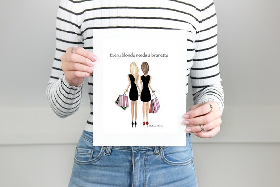 Blonde And Brunette Friend With Short Hair Drawings Best Friend Birthday Gift Gift For Friend Sorority Gift Mothers Day Gift Roommate