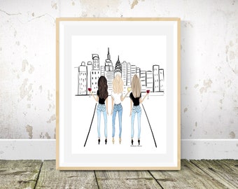 3 Girls in New York City Drawing by Roxy's Illustrations, change hair, nyc girl trip art for friend, grad nyu roommate gift NYC Memories