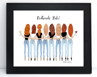 Redheads Rule Wall Art; Redhead Empowerment Drawing; Gift for Redhead; Ginger Hair Digital Art, Cute Redhead Gift; Redhead Teen Present