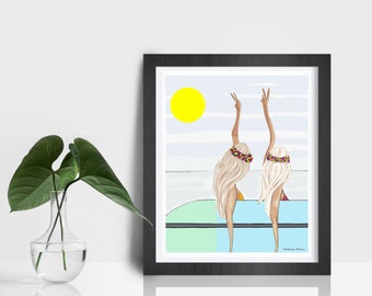 Beach Best Friends Blonde Surfer Girl Art, Lifeguard Gift, Beach Besties art, surfer friends art, surfer art, blonde best friends