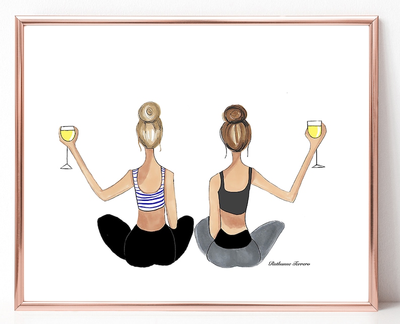 Yoga with Wine Print, Best Friends print, best friend birthday, Best Friend Gift, yoga studio, yoga friends, yoga gift, yoga art, pilates