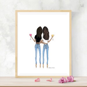 Two brunette friends medium skin tones with wine hugging, gift for best friend, best friend gift, sister gift, best friend birthday roommate image 5